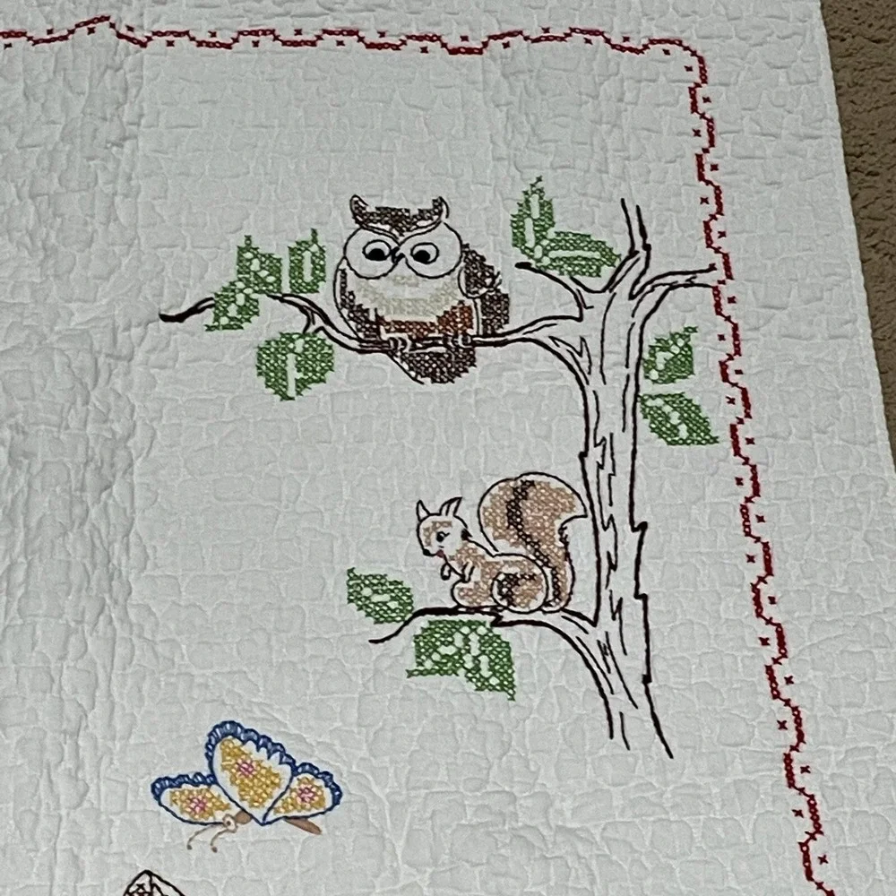 Vintage Bambi Cross Stitch Crib Quilt Handmade Thumper‎ Flower Baby 33 x 52 Inch